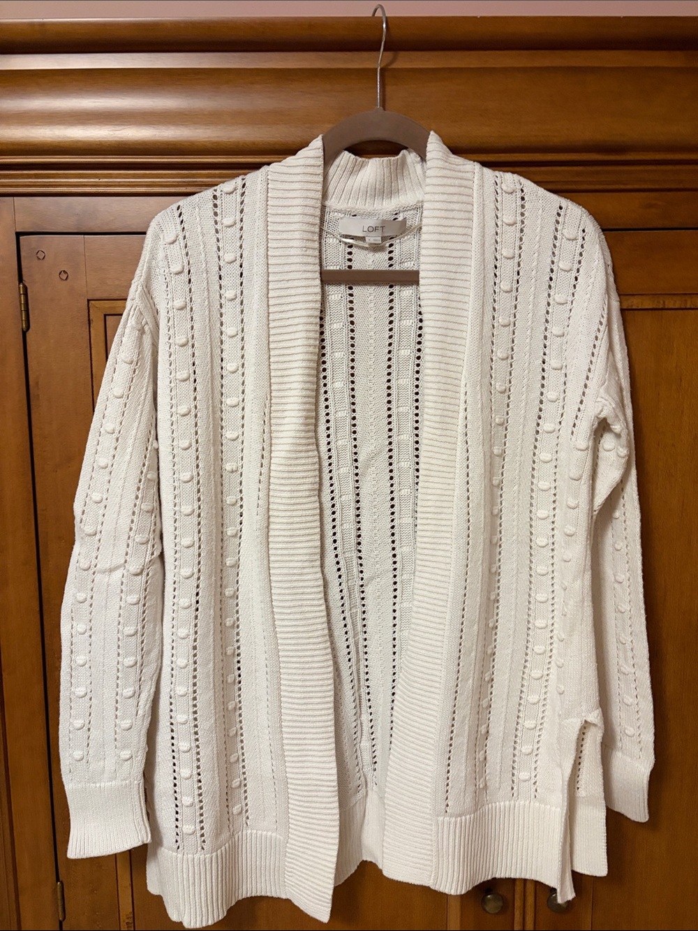 LOFT Cream Open-Front Textured Knit Cardigan